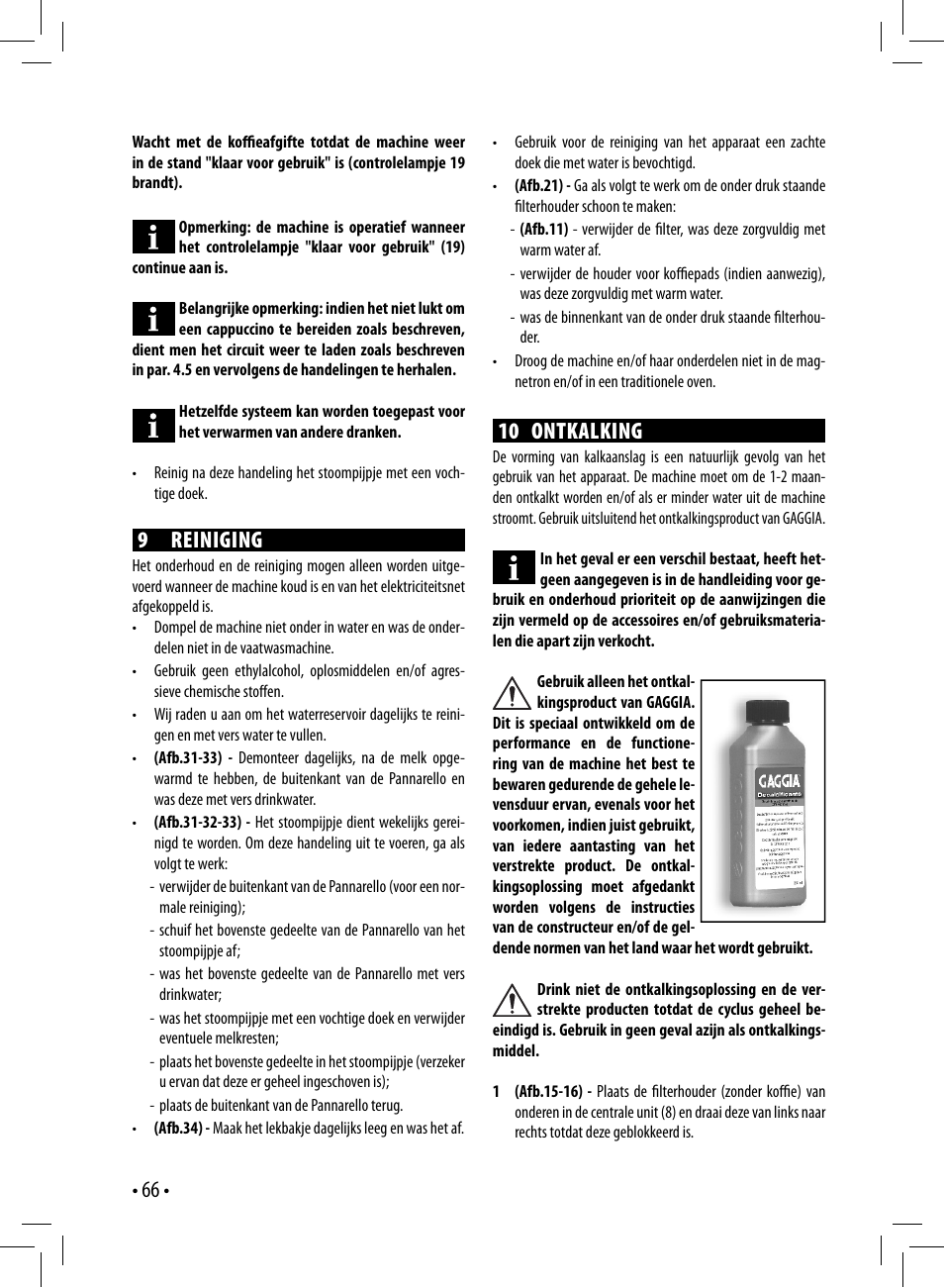 10 ontkalking, 9 reiniging | Gaggia GAGGIA User Manual | Page 66 / 112