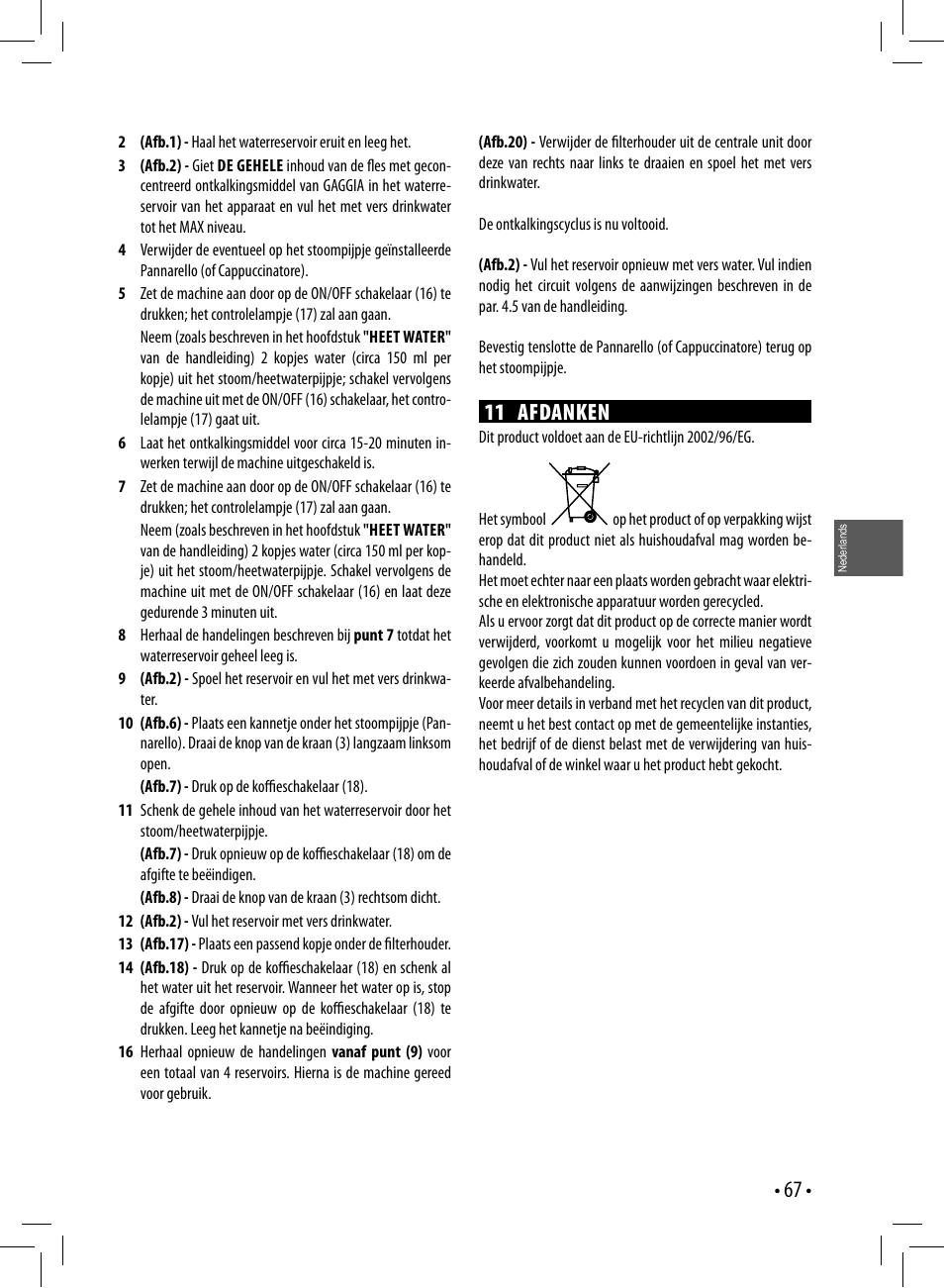 11 afdanken | Gaggia GAGGIA User Manual | Page 67 / 112