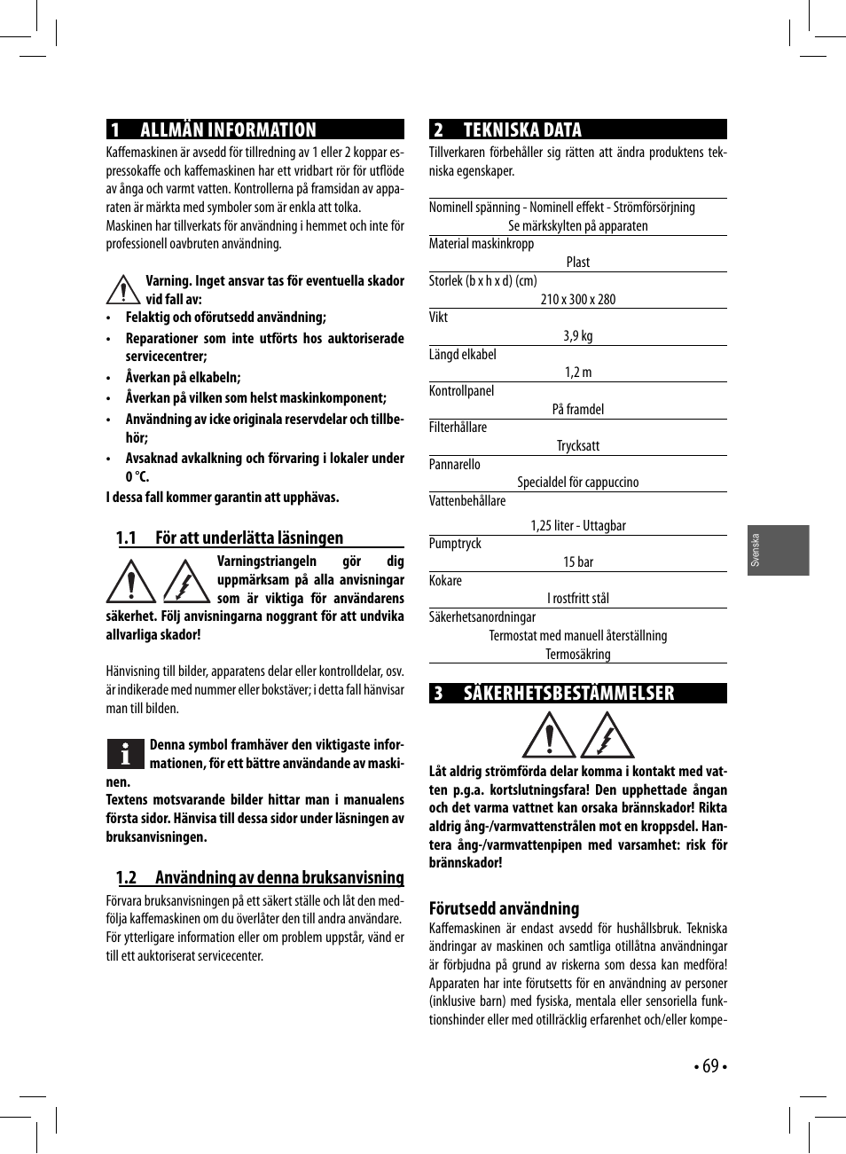 1 allmän information, 2 tekniska data, 3 säkerhetsbestämmelser | Gaggia GAGGIA User Manual | Page 69 / 112