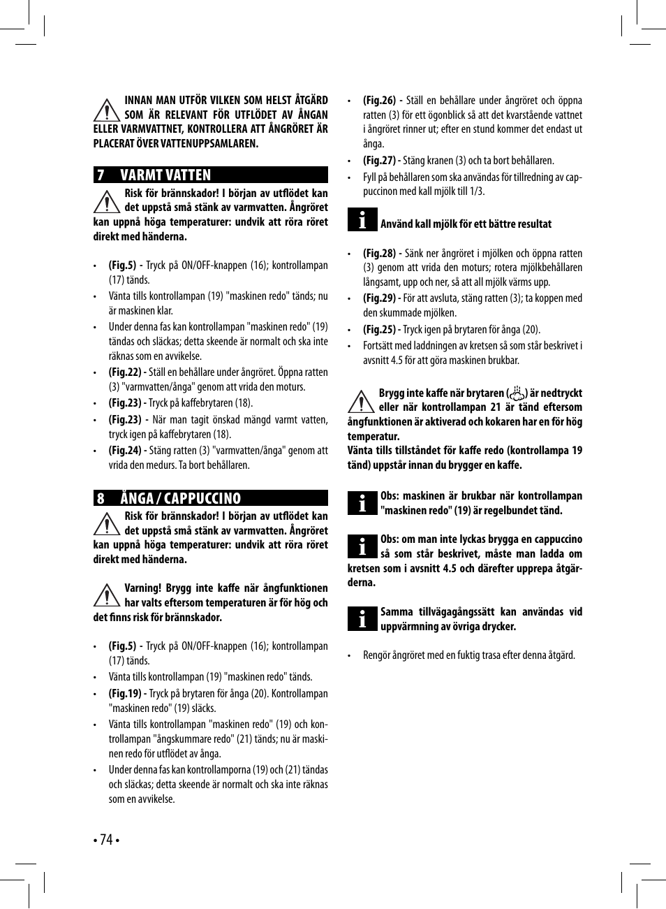 7 varmt vatten, 8 ånga / cappuccino | Gaggia GAGGIA User Manual | Page 74 / 112