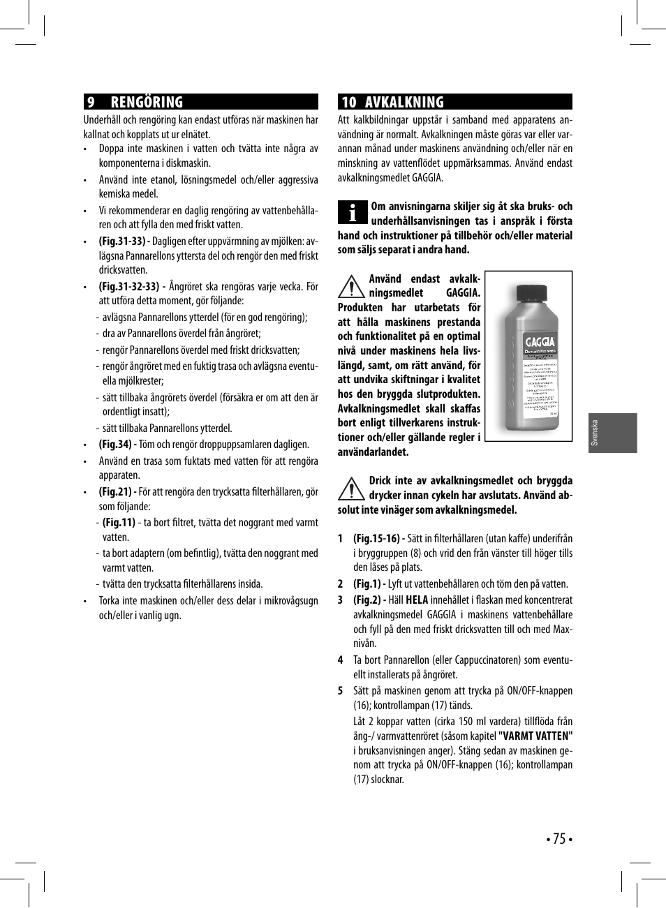 10 avkalkning, 9 rengöring | Gaggia GAGGIA User Manual | Page 75 / 112