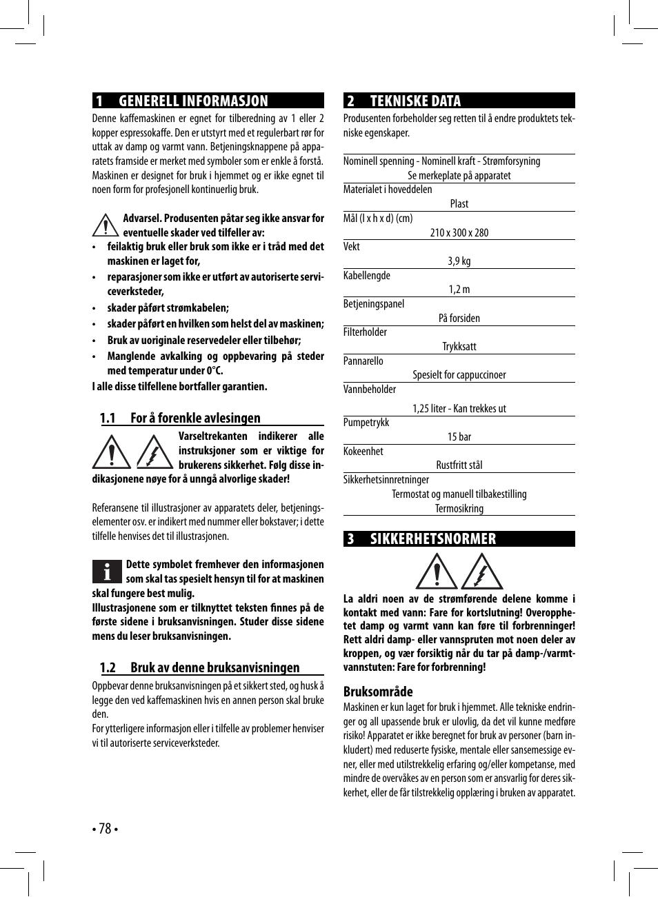 78 • 1 generell informasjon, 2 tekniske data, 3 sikkerhetsnormer | Gaggia GAGGIA User Manual | Page 78 / 112