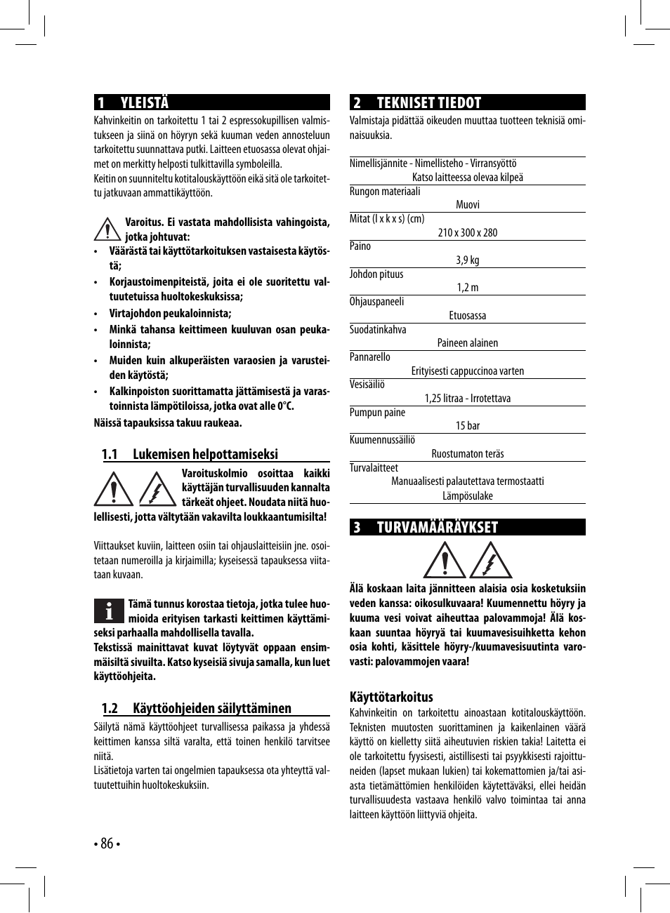 86 • 1 yleistä, 2 tekniset tiedot, 3 turvamääräykset | Gaggia GAGGIA User Manual | Page 86 / 112