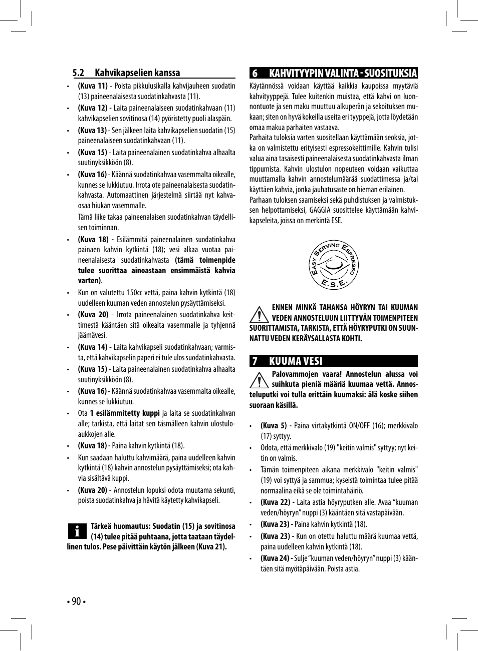 6 kahvityypin valinta  suosituksia, 7 kuuma vesi | Gaggia GAGGIA User Manual | Page 90 / 112