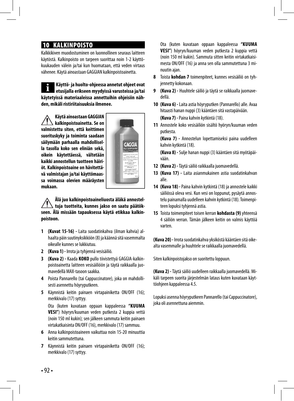 10 kalkinpoisto | Gaggia GAGGIA User Manual | Page 92 / 112