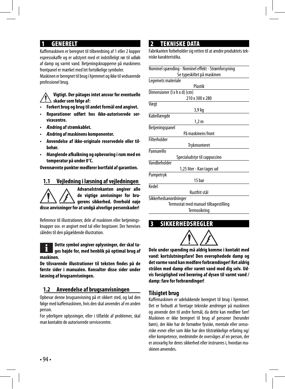 94 • 1 generelt, 2 tekniske data, 3 sikkerhedsregler | Gaggia GAGGIA User Manual | Page 94 / 112