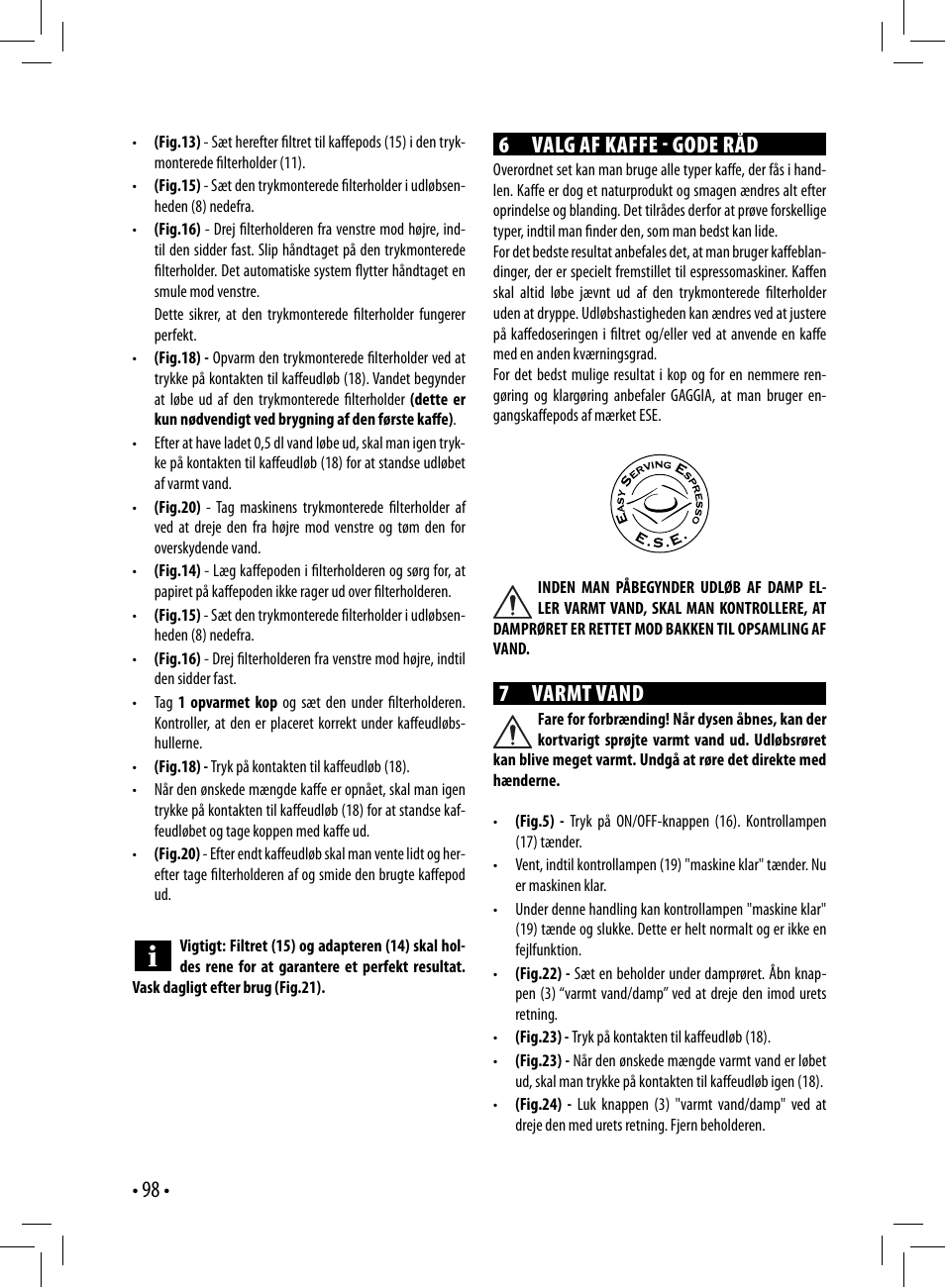 6 valg af kaffe  gode råd, 7 varmt vand | Gaggia GAGGIA User Manual | Page 98 / 112