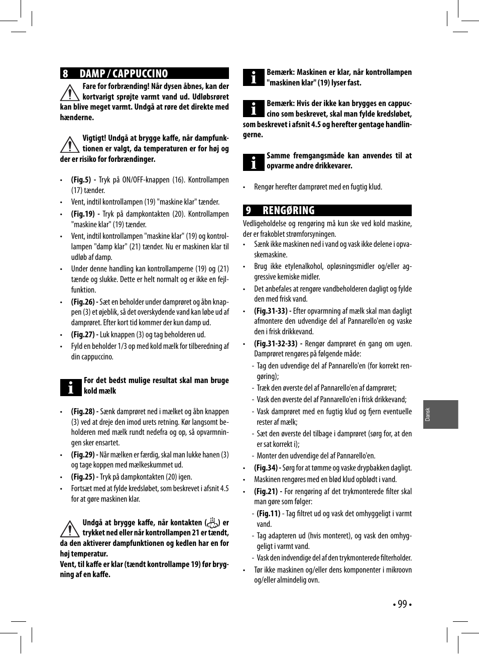 8 damp / cappuccino, 9 rengøring | Gaggia GAGGIA User Manual | Page 99 / 112