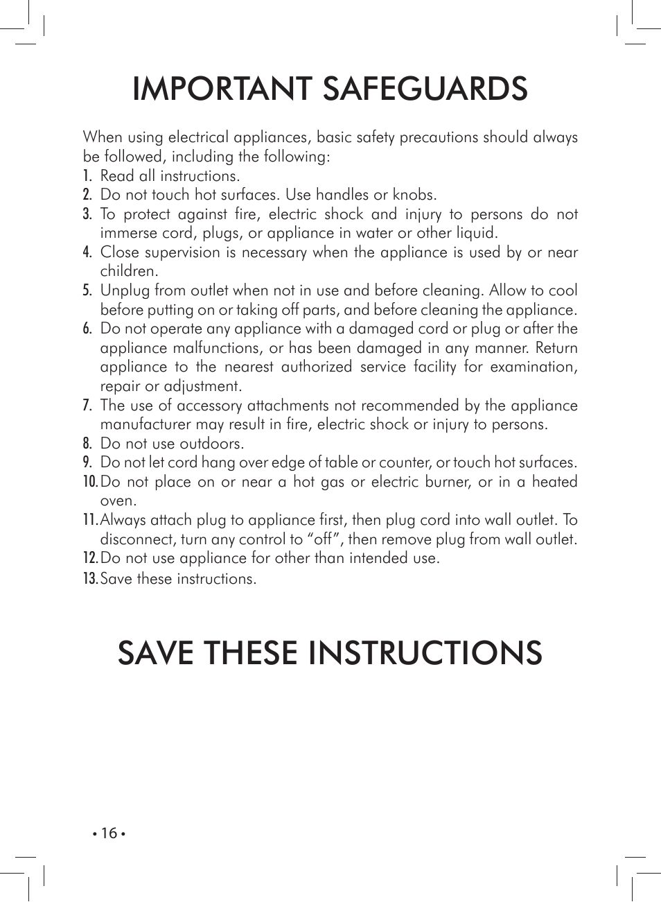 Important safeguards, Save these instructions | Gaggia CAREZZA User Manual | Page 16 / 80