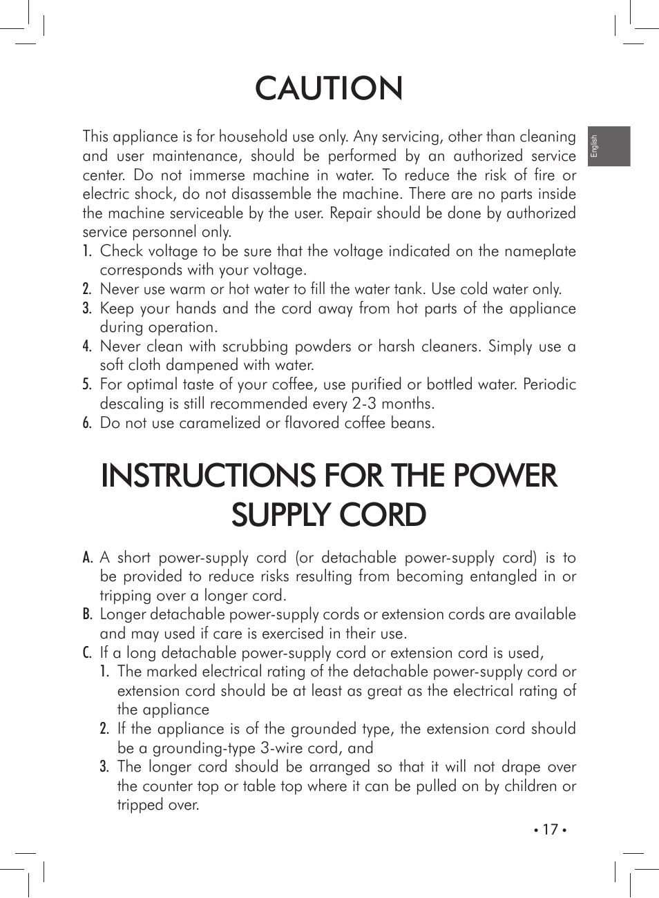 Caution, Instructions for the power supply cord | Gaggia CAREZZA User Manual | Page 17 / 80