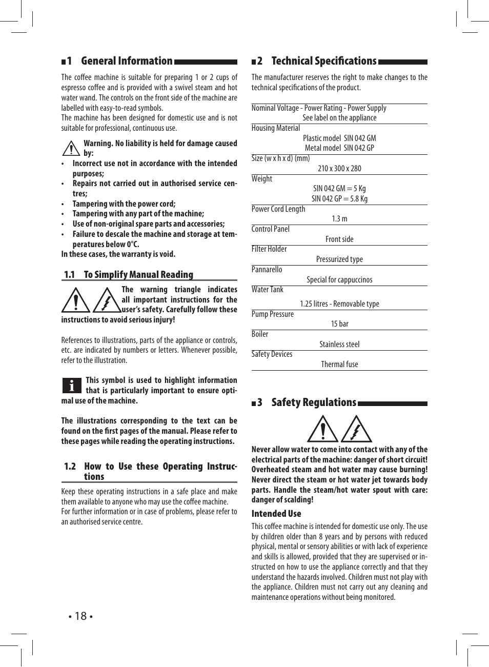 18 • 1 general information, 2 technical specifi cations, 3 safety regulations | Gaggia CAREZZA User Manual | Page 18 / 80