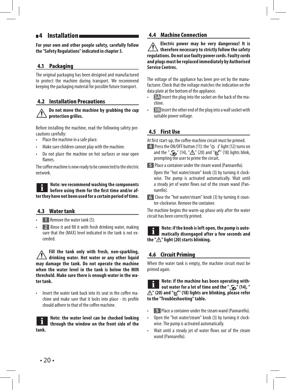 20 • 4 installation | Gaggia CAREZZA User Manual | Page 20 / 80