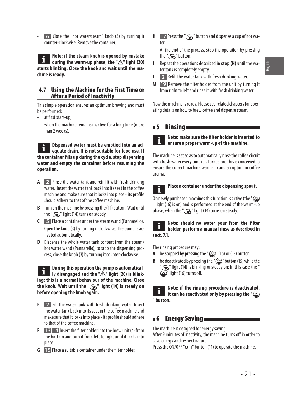 5 rinsing, 6 energy saving | Gaggia CAREZZA User Manual | Page 21 / 80