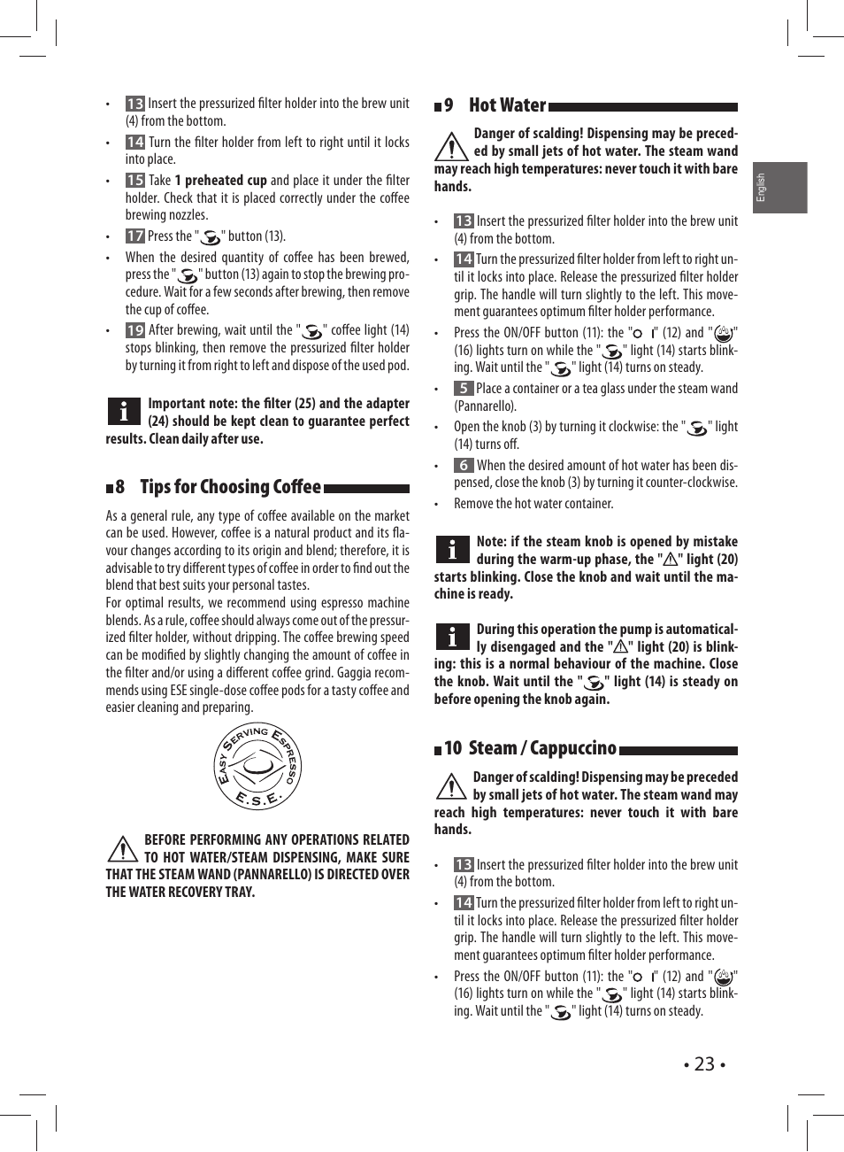 8 tips for choosing coff ee, 9 hot water, 10 steam / cappuccino | Gaggia CAREZZA User Manual | Page 23 / 80