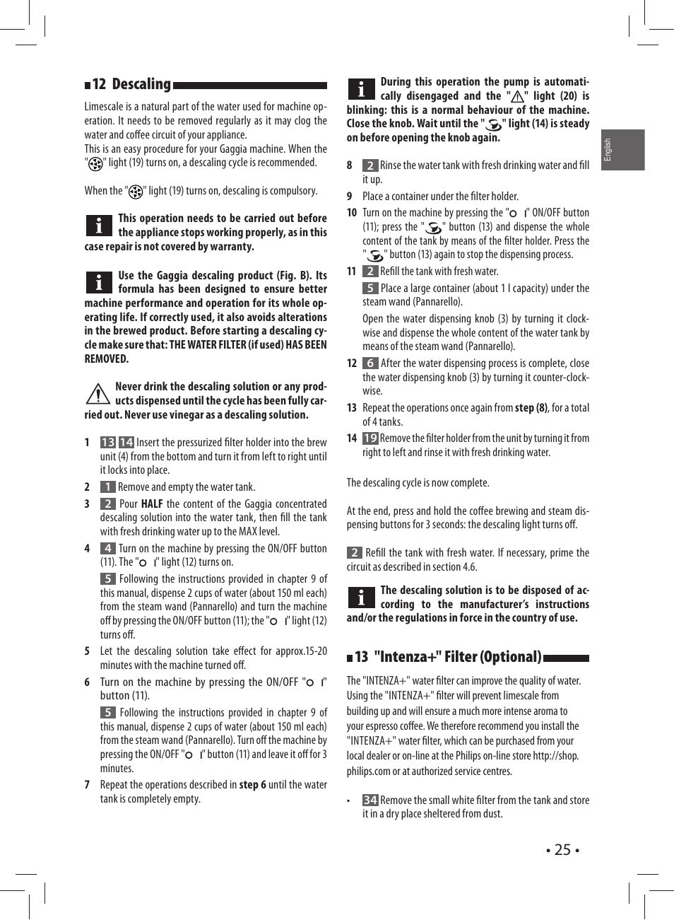 12 descaling, 13 "intenza+" filter (optional) | Gaggia CAREZZA User Manual | Page 25 / 80