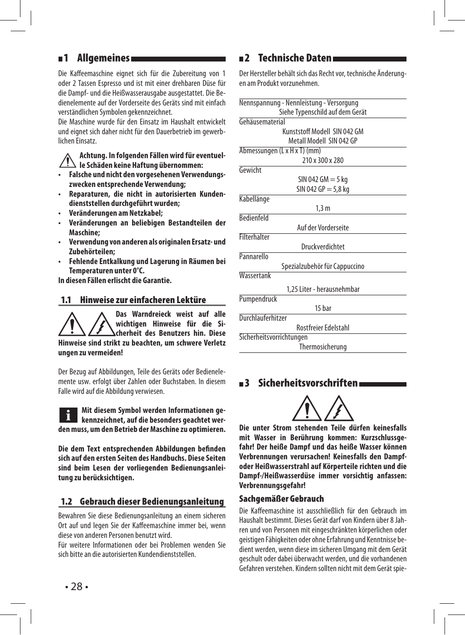 28 • 1 allgemeines, 2 technische daten, 3 sicherheitsvorschriften | Gaggia CAREZZA User Manual | Page 28 / 80