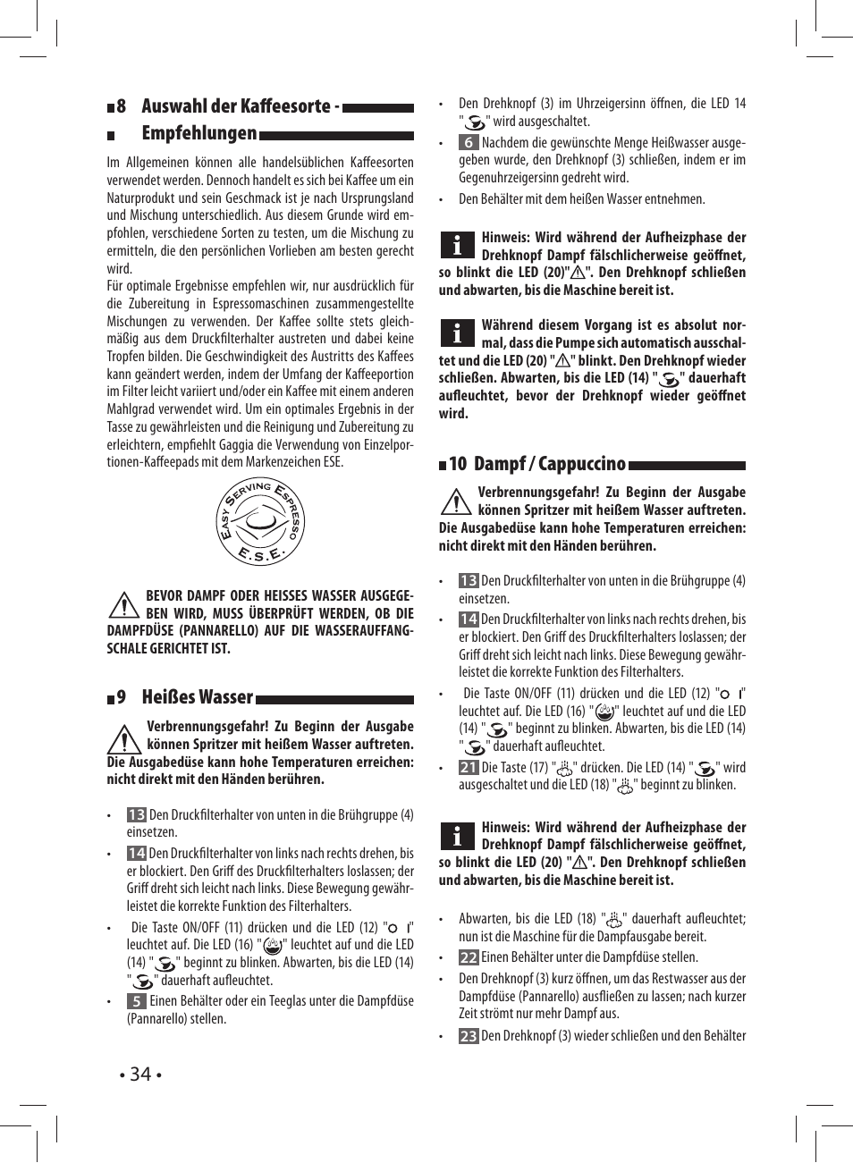 34 • 8 auswahl der kaff eesorte - empfehlungen, 9 heißes wasser, 10 dampf / cappuccino | Gaggia CAREZZA User Manual | Page 34 / 80