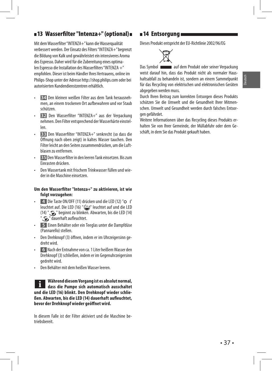 13 wasserfi lter "intenza+" (optional), 14 entsorgung | Gaggia CAREZZA User Manual | Page 37 / 80