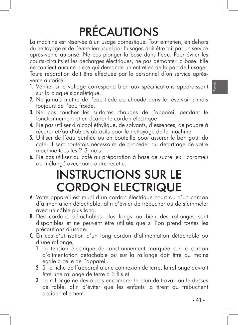 Précautions, Instructions sur le cordon electrique | Gaggia CAREZZA User Manual | Page 41 / 80