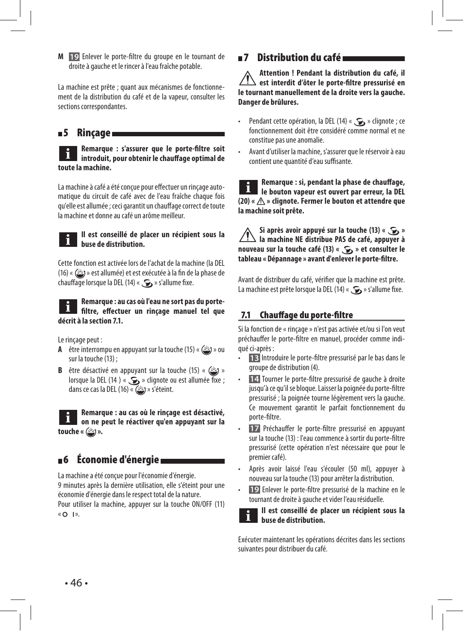 5 rinçage, 6 économie d'énergie, 7 distribution du café | Gaggia CAREZZA User Manual | Page 46 / 80