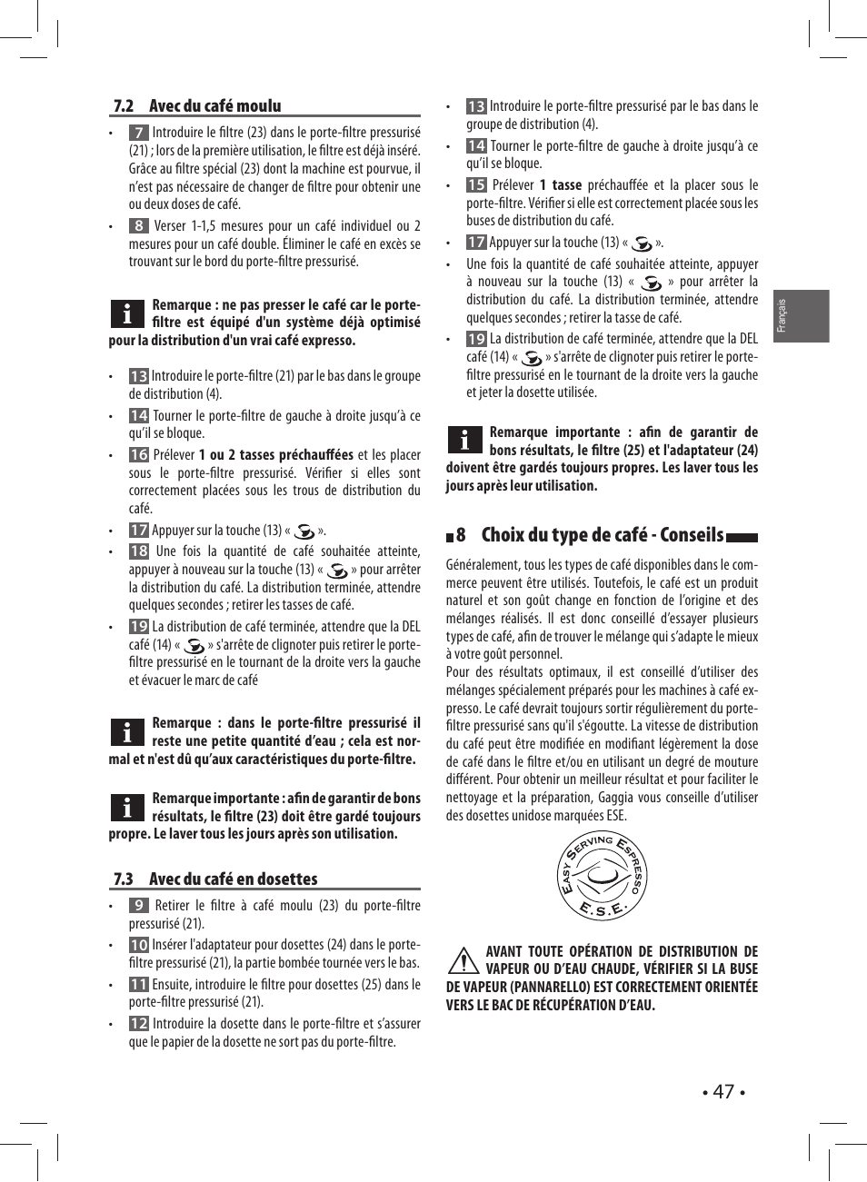 8 choix du type de café - conseils | Gaggia CAREZZA User Manual | Page 47 / 80