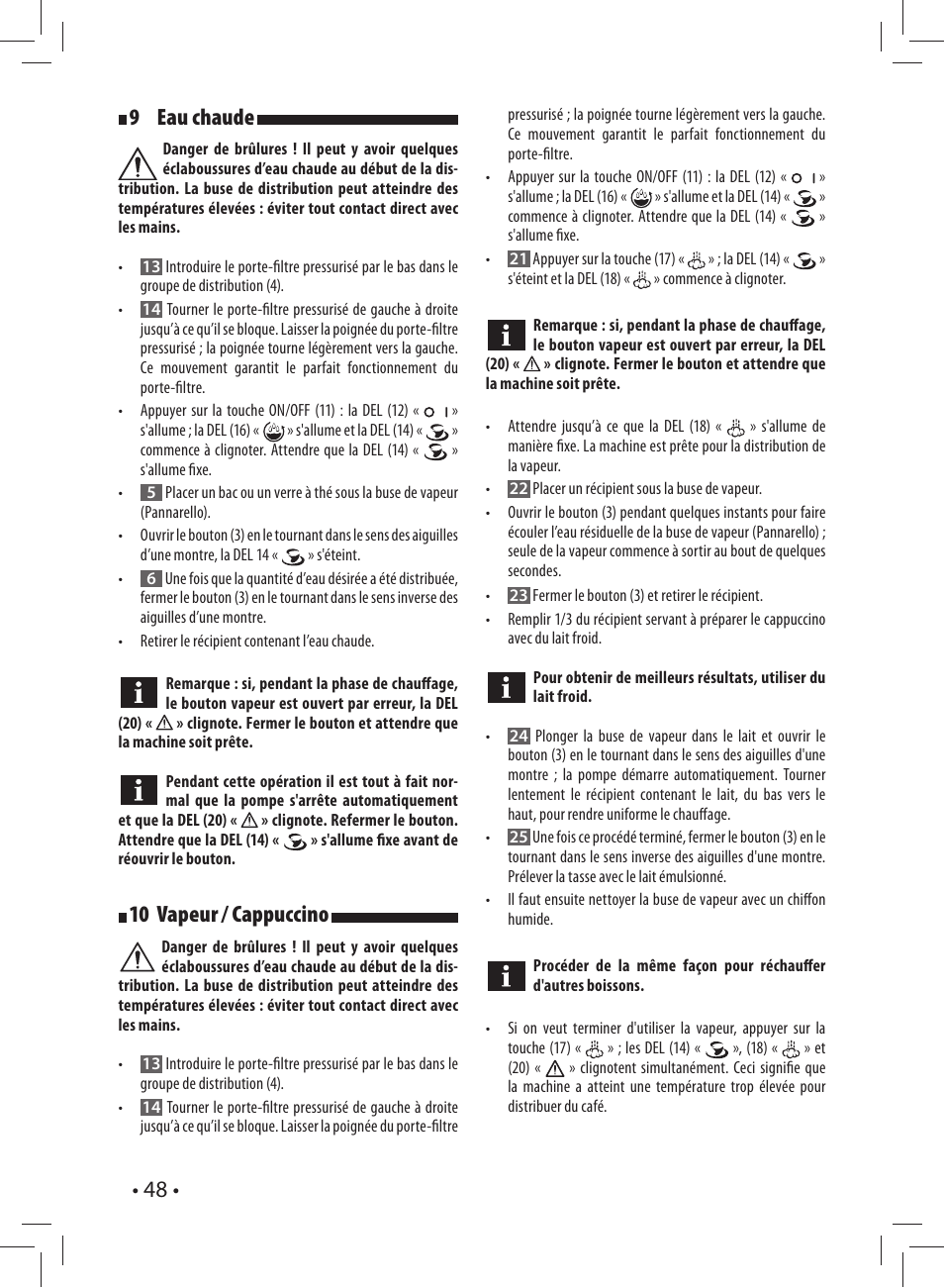 48 • 9 eau chaude, 10 vapeur / cappuccino | Gaggia CAREZZA User Manual | Page 48 / 80