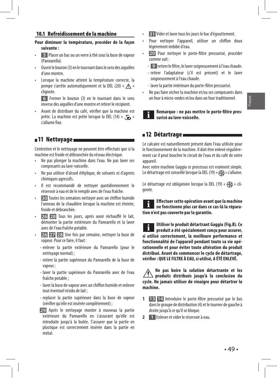 11 nettoyage, 12 détartrage | Gaggia CAREZZA User Manual | Page 49 / 80
