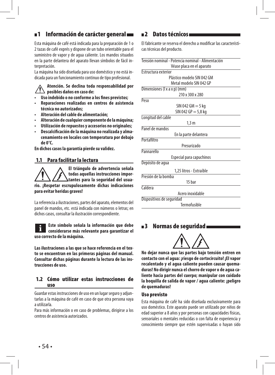 54 • 1 información de carácter general, 2 datos técnicos, 3 normas de seguridad | Gaggia CAREZZA User Manual | Page 54 / 80