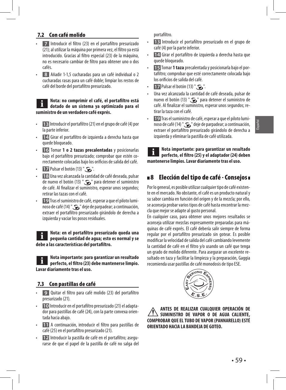 8 elección del tipo de café - consejos | Gaggia CAREZZA User Manual | Page 59 / 80