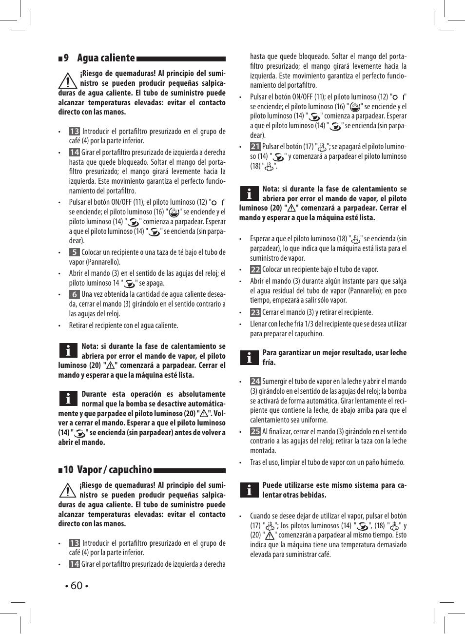 60 • 9 agua caliente, 10 vapor / capuchino | Gaggia CAREZZA User Manual | Page 60 / 80