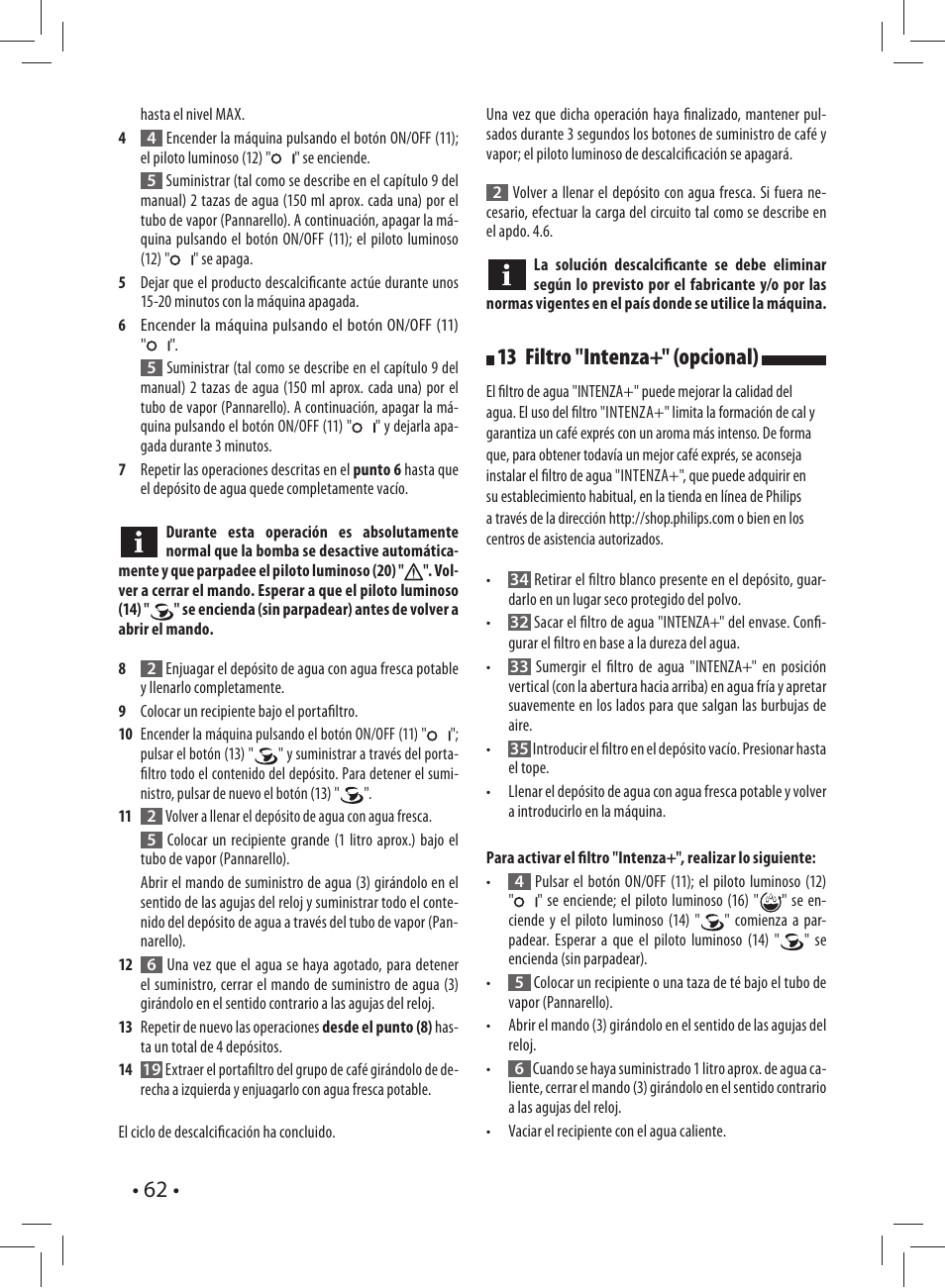 13 filtro "intenza+" (opcional) | Gaggia CAREZZA User Manual | Page 62 / 80