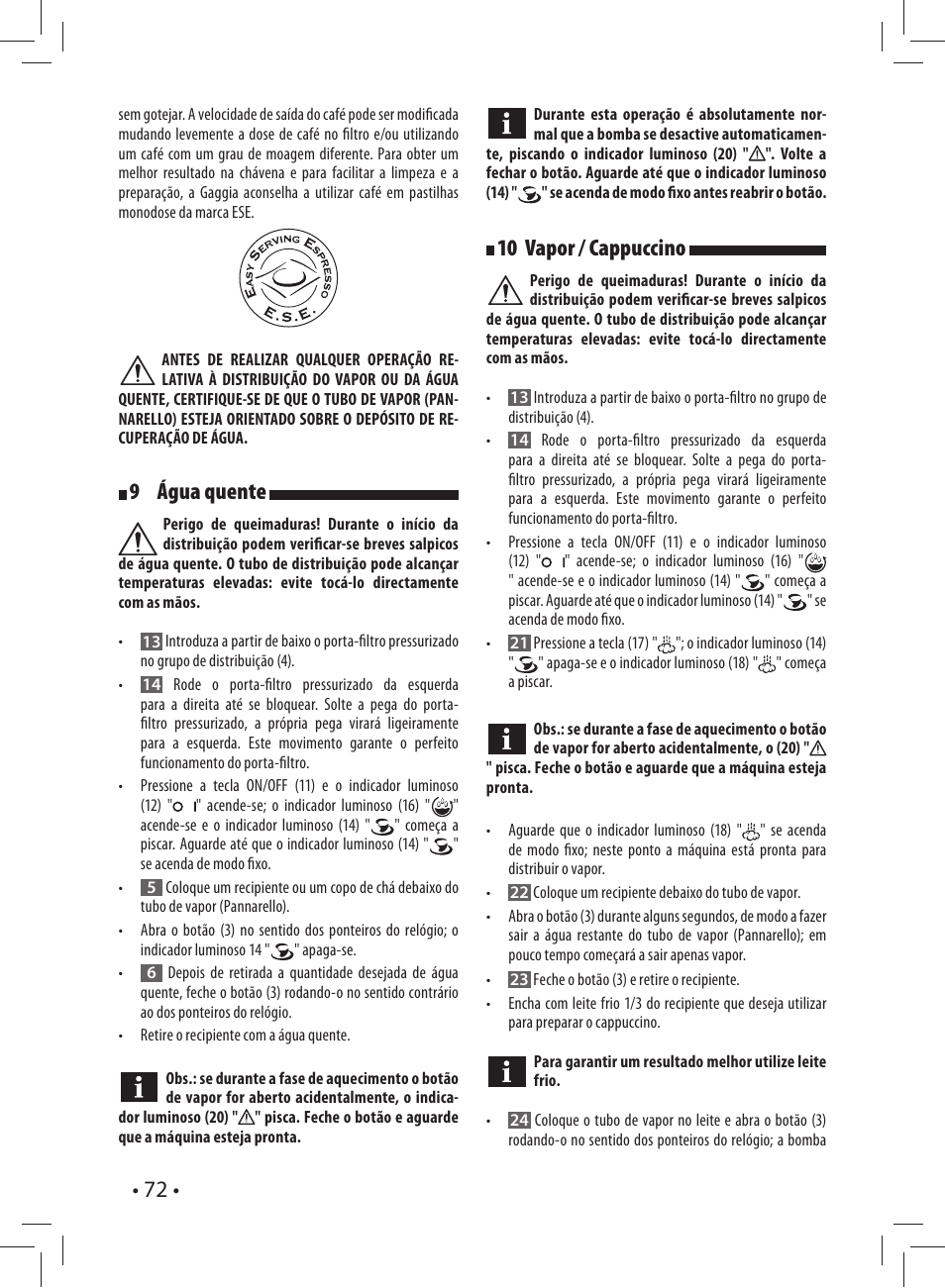 9 água quente, 10 va po r / cappuccino | Gaggia CAREZZA User Manual | Page 72 / 80