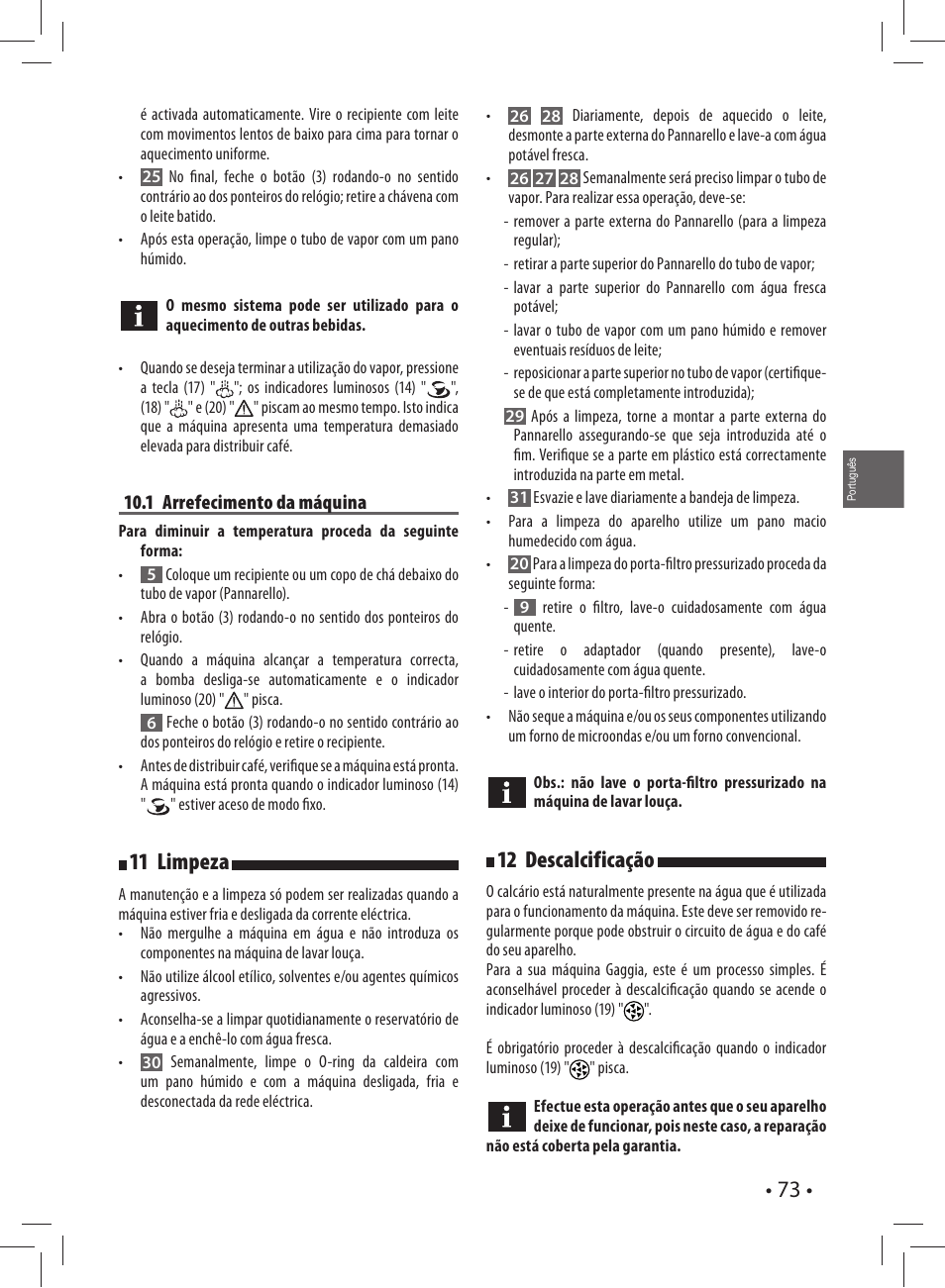 11 limpeza, 12 descalcificação | Gaggia CAREZZA User Manual | Page 73 / 80