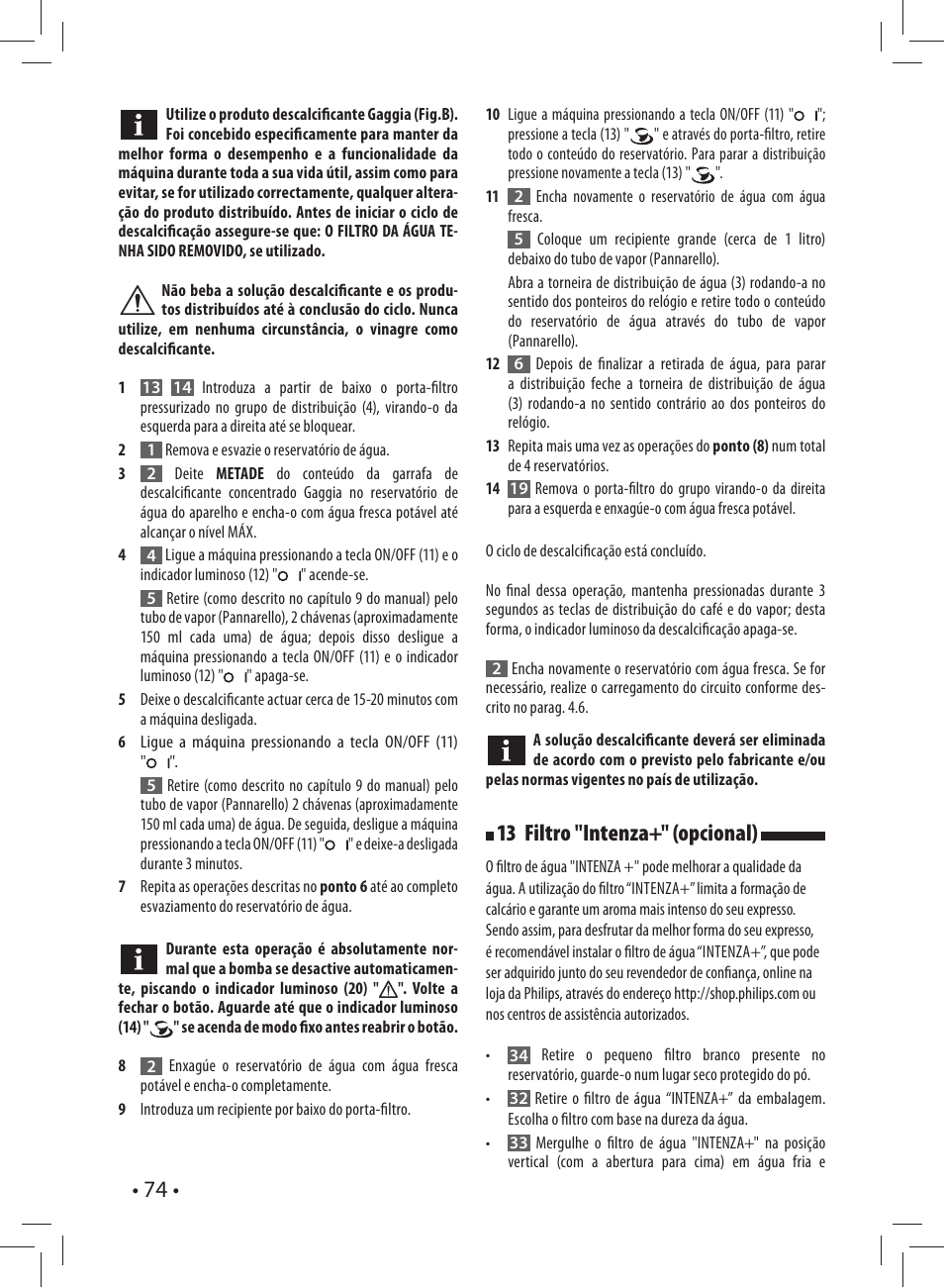 13 filtro "intenza+" (opcional) | Gaggia CAREZZA User Manual | Page 74 / 80