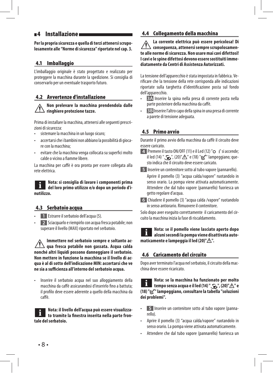 8 • 4 installazione | Gaggia CAREZZA User Manual | Page 8 / 80