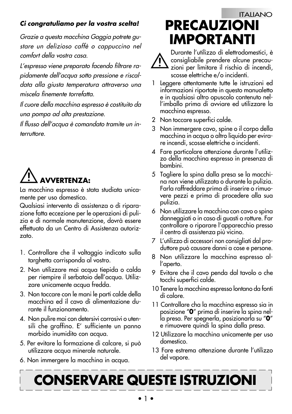 Precauzioni importanti, Conservare queste istruzioni | Gaggia CLASSIC User Manual | Page 2 / 53
