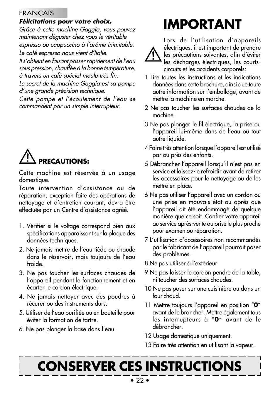 Important, Conserver ces instructions | Gaggia CLASSIC User Manual | Page 23 / 53