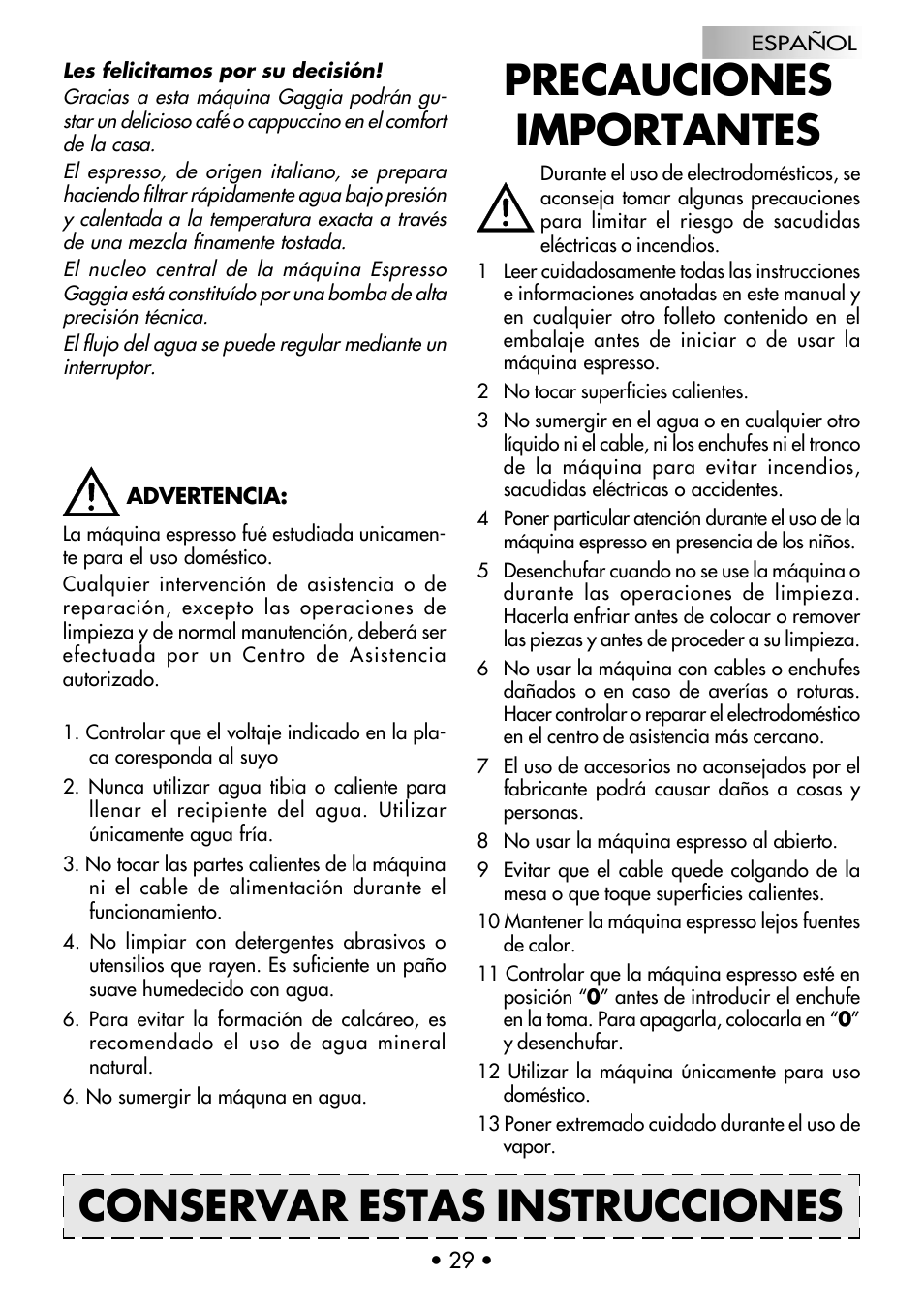 Precauciones importantes, Conservar estas instrucciones | Gaggia CLASSIC User Manual | Page 30 / 53