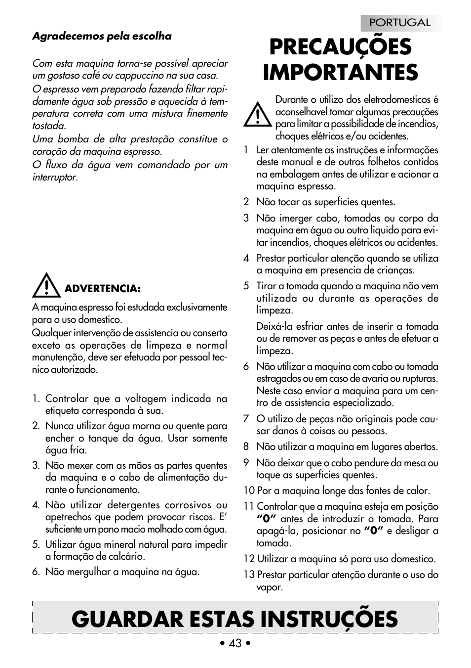 Precauções importantes, Guardar estas instruções | Gaggia CLASSIC User Manual | Page 44 / 53