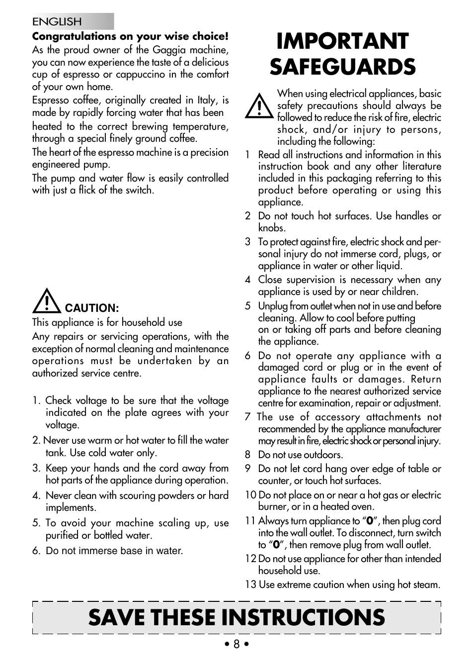 Save these instructions important safeguards | Gaggia CLASSIC User Manual | Page 9 / 53