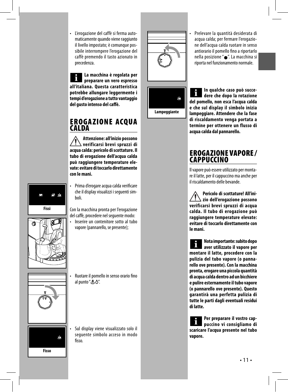 Eroga zione acqua calda, Erogazione vapore / cappuccino | Gaggia UNICA User Manual | Page 11 / 88