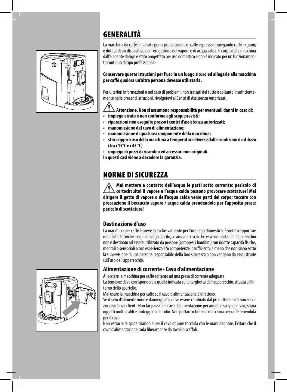 Generalità, Norme di sicurezza | Gaggia UNICA User Manual | Page 2 / 88