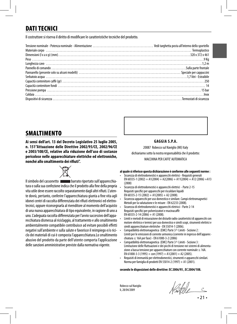 Dati tecnici, Smaltimento, Sup 035g | Gaggia UNICA User Manual | Page 21 / 88