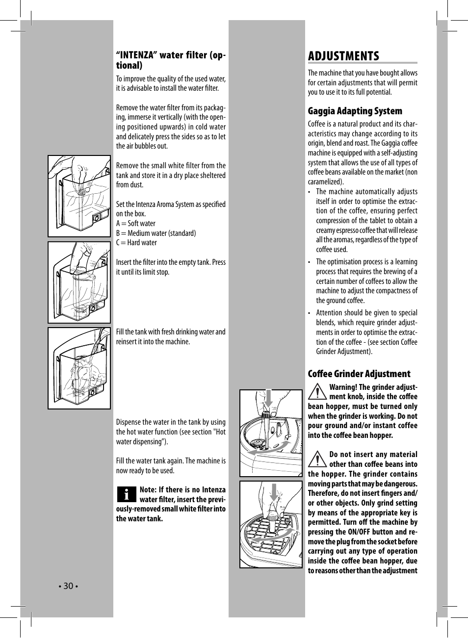 Adjustments | Gaggia UNICA User Manual | Page 30 / 88
