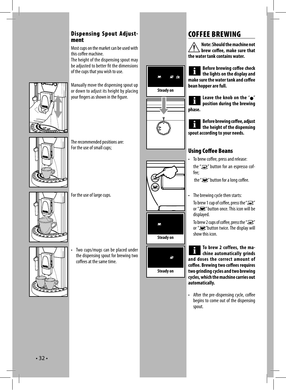 Coffee brewing, Dispensing spout adjust- ment, Using coﬀ ee beans | Gaggia UNICA User Manual | Page 32 / 88
