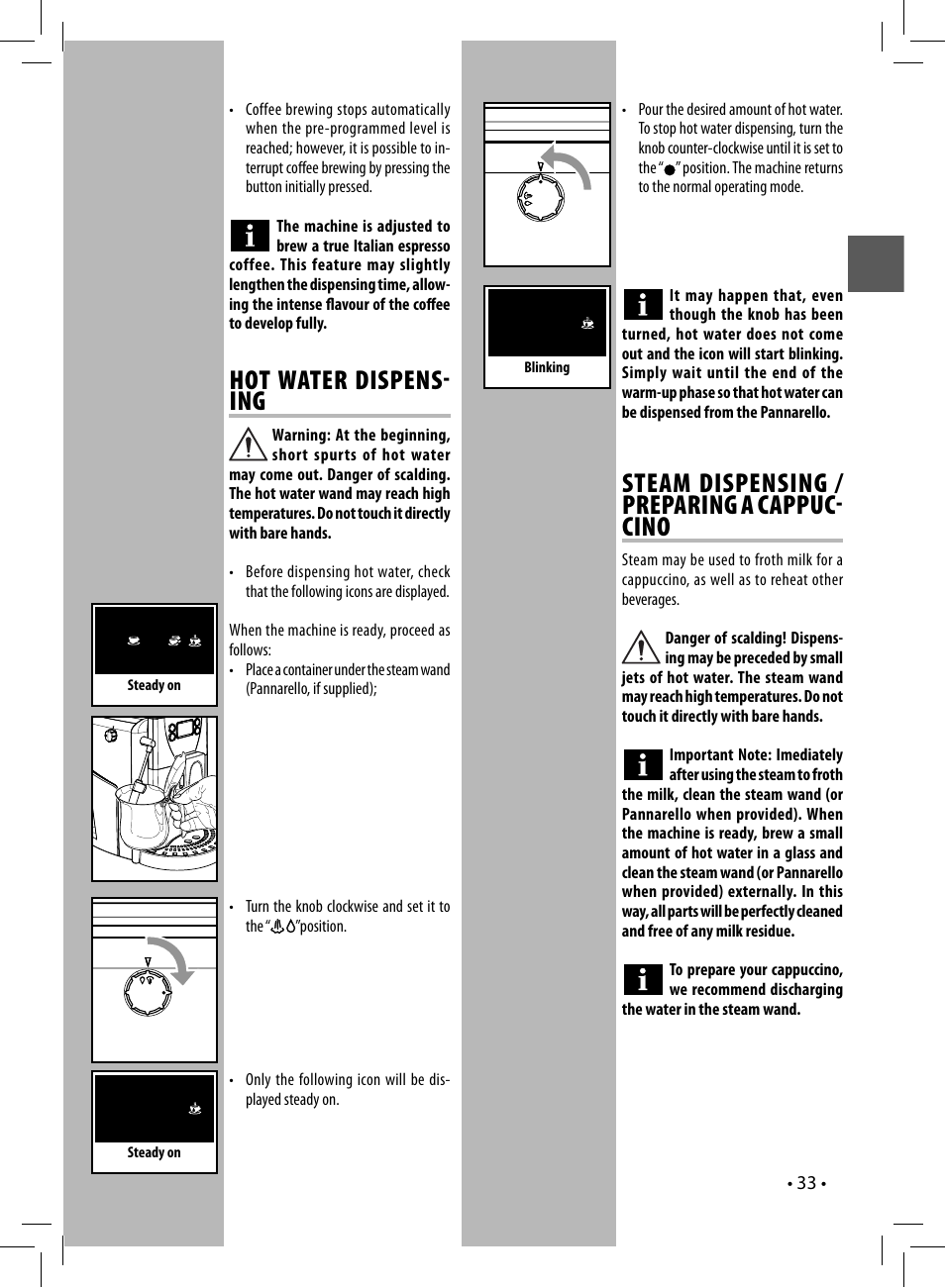 Hot water dispens ing, Steam dispensing / preparing a cappuc cino | Gaggia UNICA User Manual | Page 33 / 88