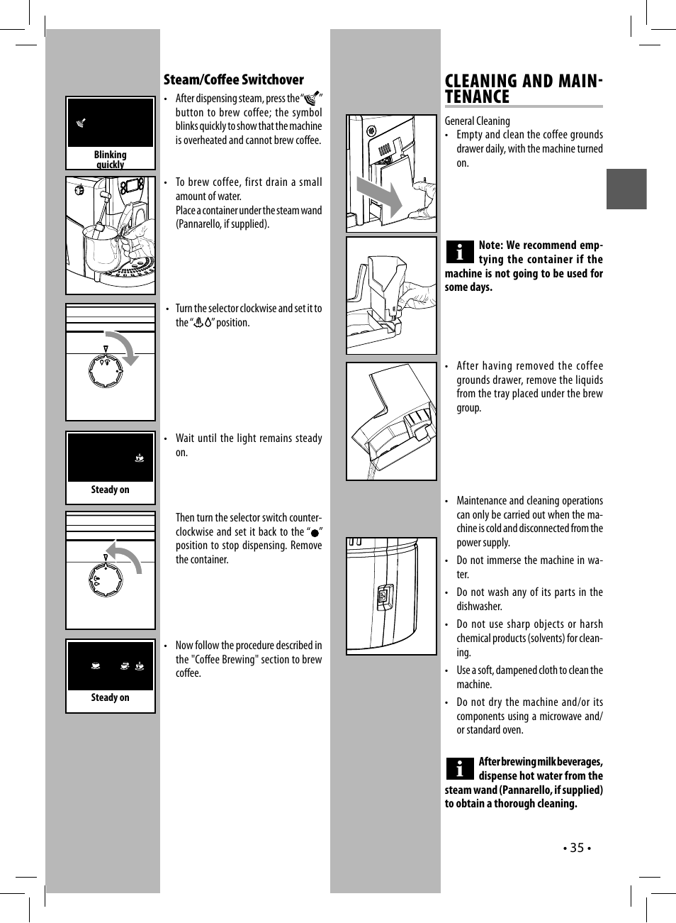 Cleaning and main tenance, Steam/coﬀ ee switchover | Gaggia UNICA User Manual | Page 35 / 88