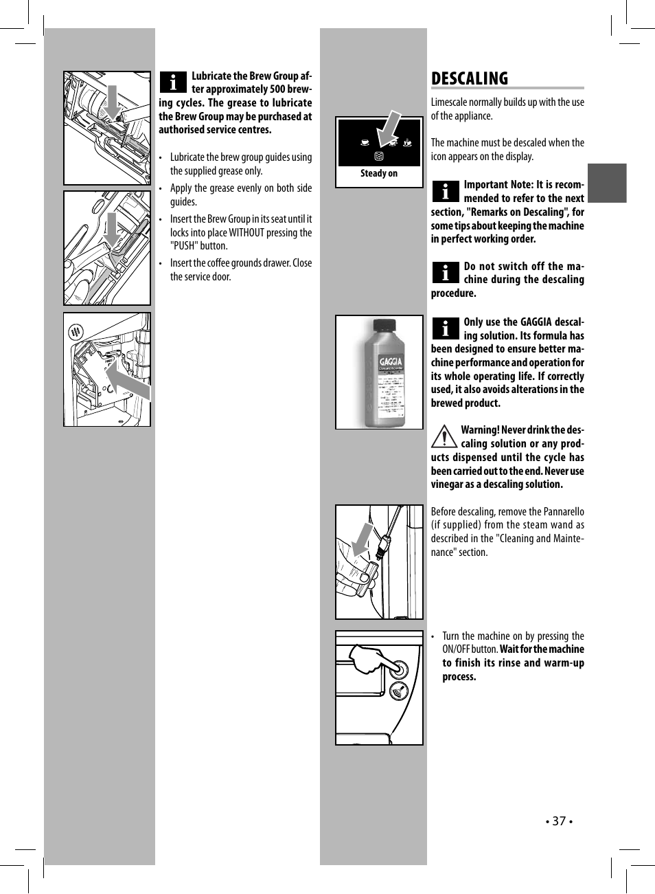 Descaling | Gaggia UNICA User Manual | Page 37 / 88