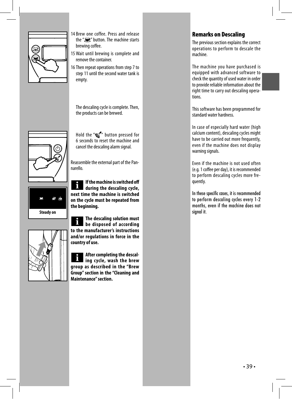 Remarks on descaling | Gaggia UNICA User Manual | Page 39 / 88