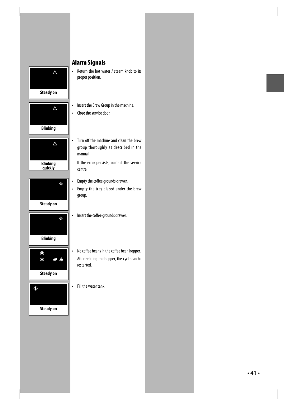 Alarm signals | Gaggia UNICA User Manual | Page 41 / 88